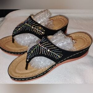 Women's Black Thong Sandals W/Rhinestones 40/9